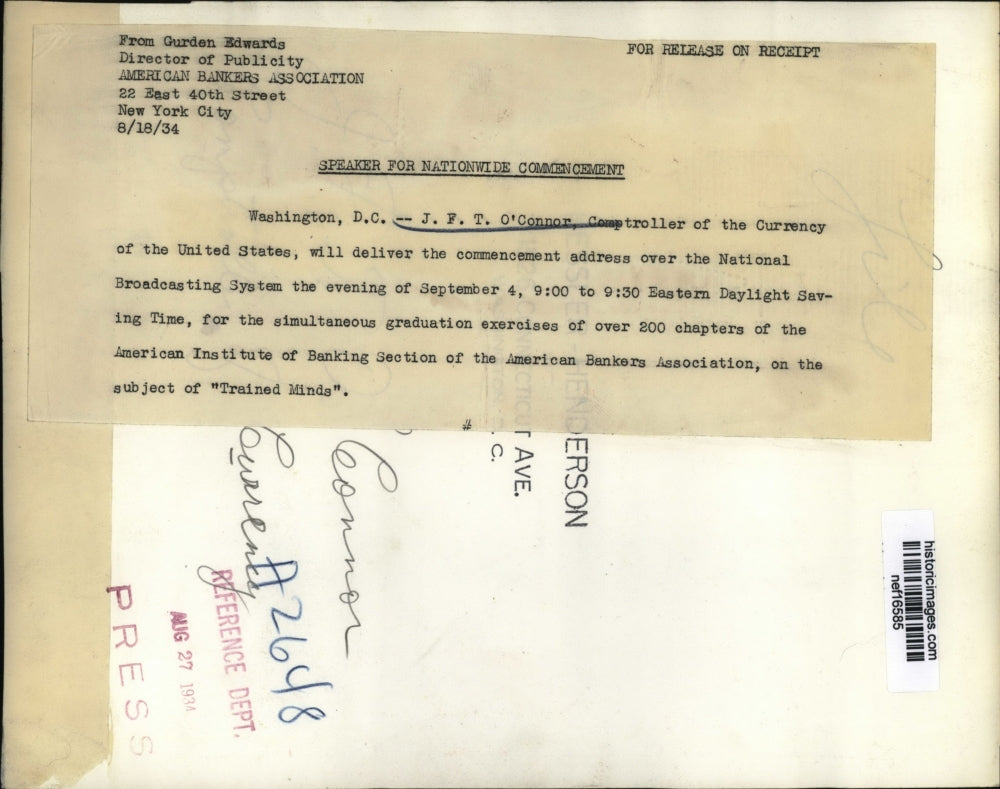 1934 Press Photo Federal Judge James Francis Thaddeus O'Connor - nef16585