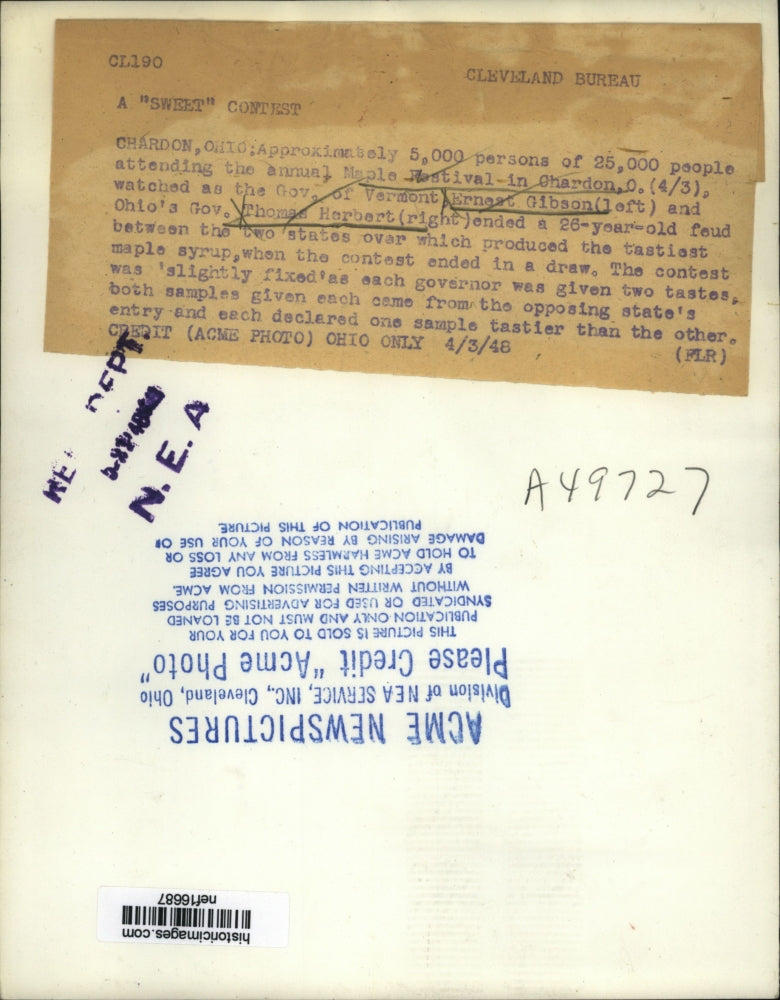 1948 Press Photo Ernest Gibson & Thomas Herbert at Maple Festival, Chardon, Ohio