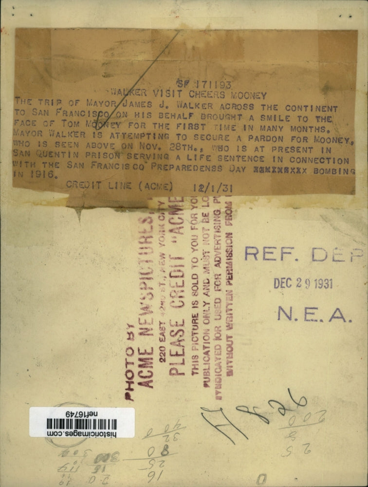 1931 Press Photo Mayor James Walker's Trip Brought a Smile to Tom Mooney