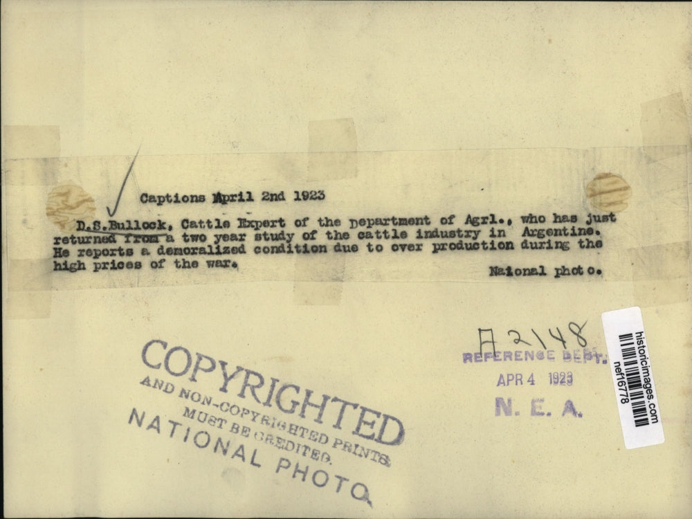 1923 Press Photo D.S.Bullock Cattle Expert of the Department of Agriculture