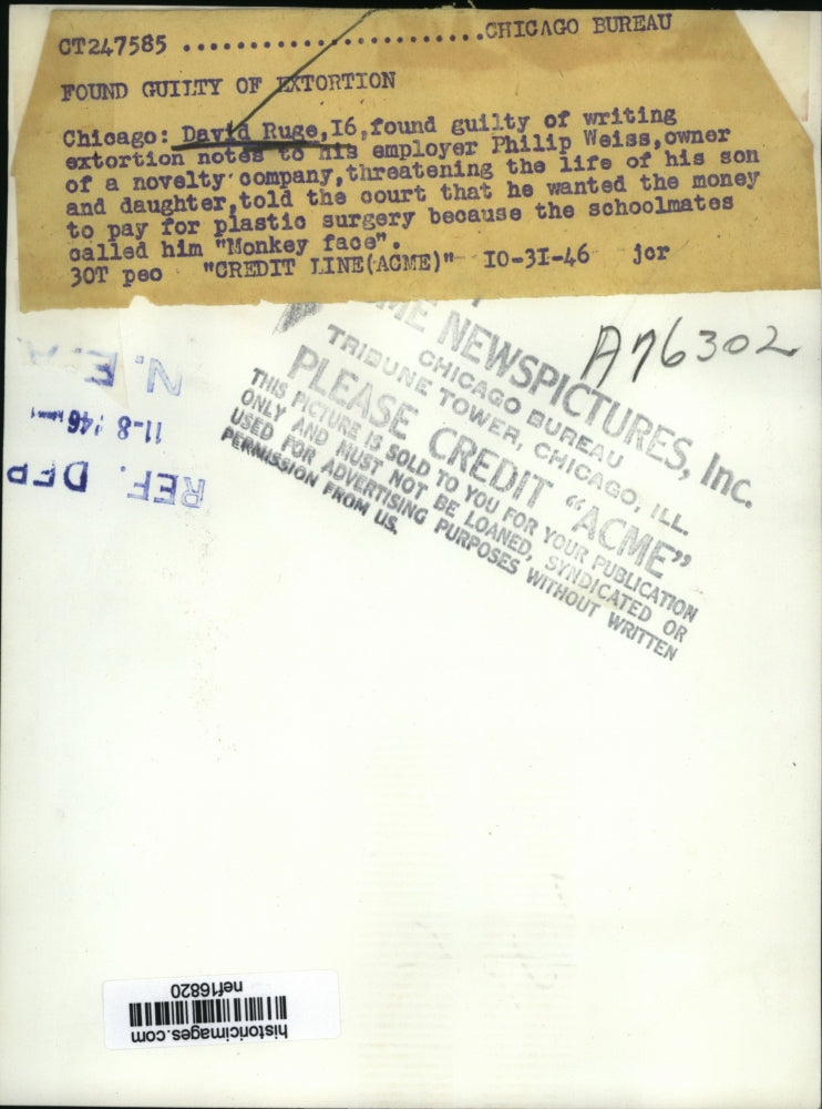 1946 Press Photo David Ruge Found Guilty of Writing Extortion Notes To Employer