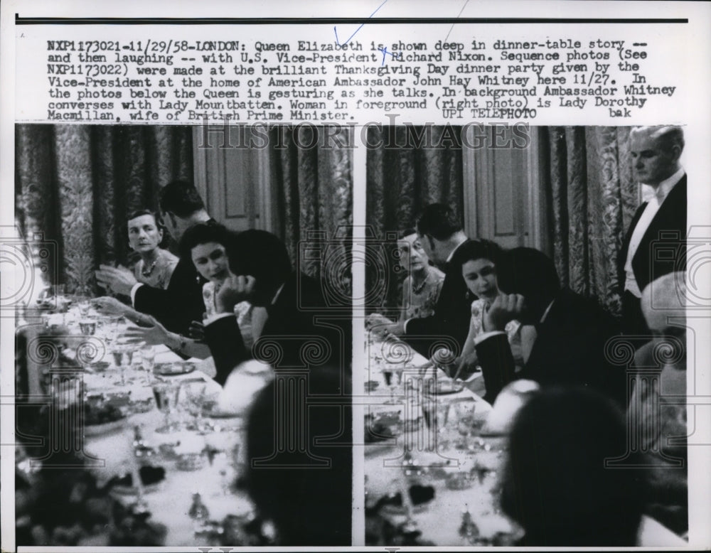 1958 Press Photo Queen Elizabeth II at Thanksgiving Day Dinner Party, London- Historic Images