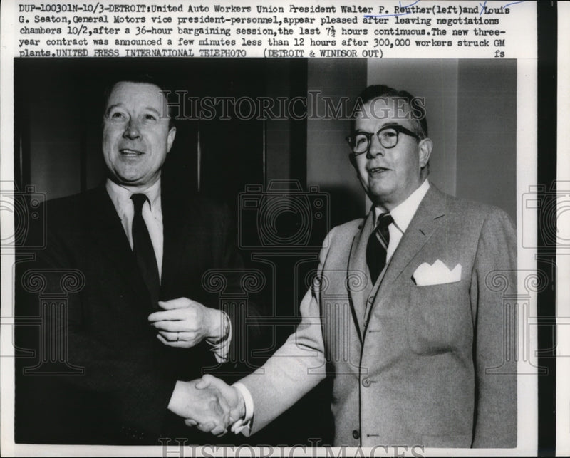 Load image into Gallery viewer, 1956 Press Photo Walter P.Reuther, UAW Pres. and Louis G Seaton, G.E Vice-Pres
