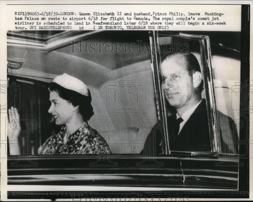 1959 Press Photo Queen Elizabeth II and Prince Philip leaves Buckingham Palace- Historic Images