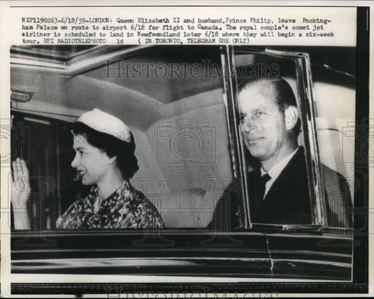 1959 Press Photo Queen Elizabeth II and Prince Philip leaves Buckingham Palace- Historic Images