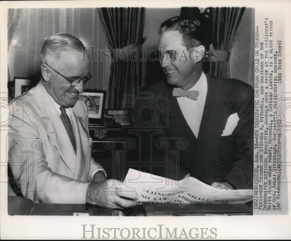 1952 Press Photo Harry Truman &amp; Stephen A. Mitchell at White House - nef17468- Historic Images