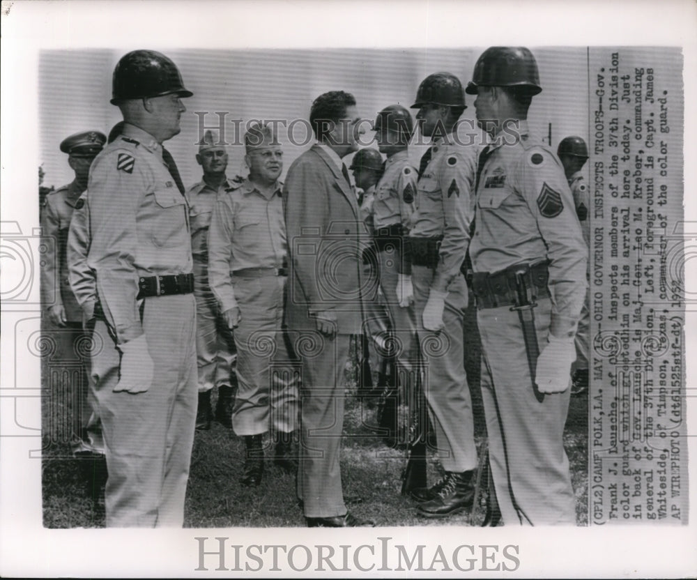 1952 Press Photo Frank Lausche Inspecting color Guard Troops at Camp Polk