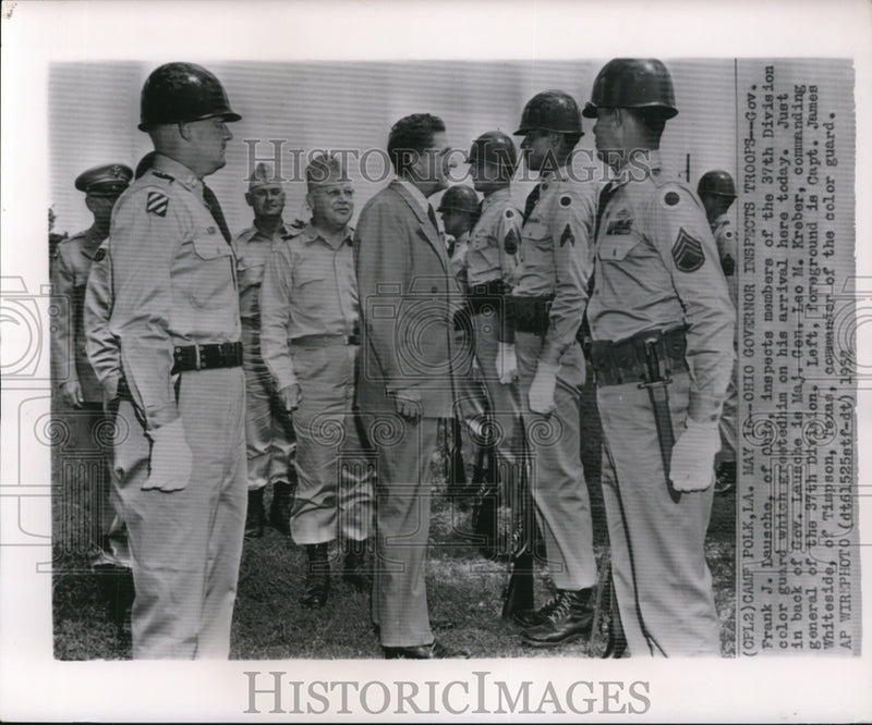 Load image into Gallery viewer, 1952 Press Photo Frank Lausche Inspecting color Guard Troops at Camp Polk
