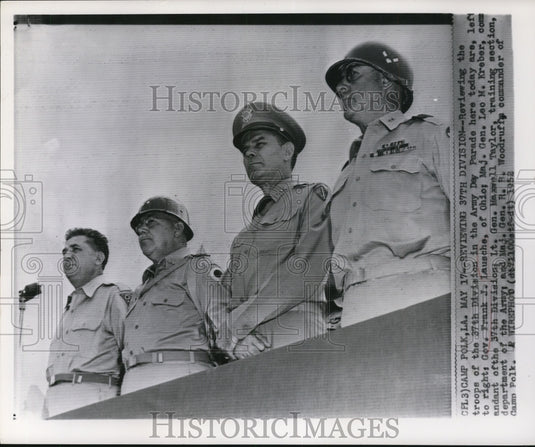 1952 Press Photo Officials Reviewing U.S. Army Day Parade, Camp Polk - nef17573
