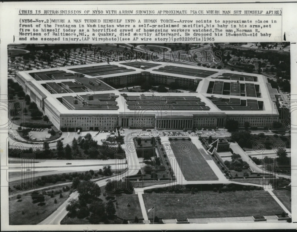 1965 Press Photo Pentagon Location of Man Setting Self on Fire, Washington, DC