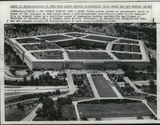 1965 Press Photo Pentagon Location of Man Setting Self on Fire, Washington, DC