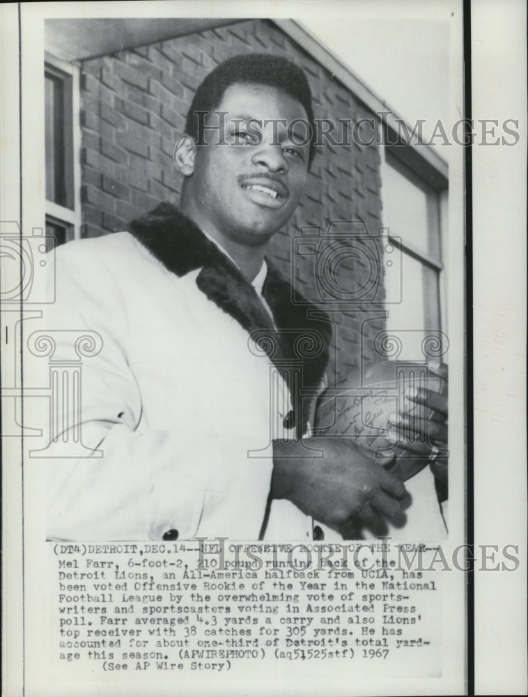 1967 Press Photo Mel Farr of Detroit Lions Voted Offensive Rookie of the Year