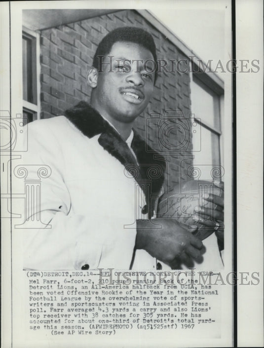 1967 Press Photo Mel Farr of Detroit Lions Voted Offensive Rookie of the Year