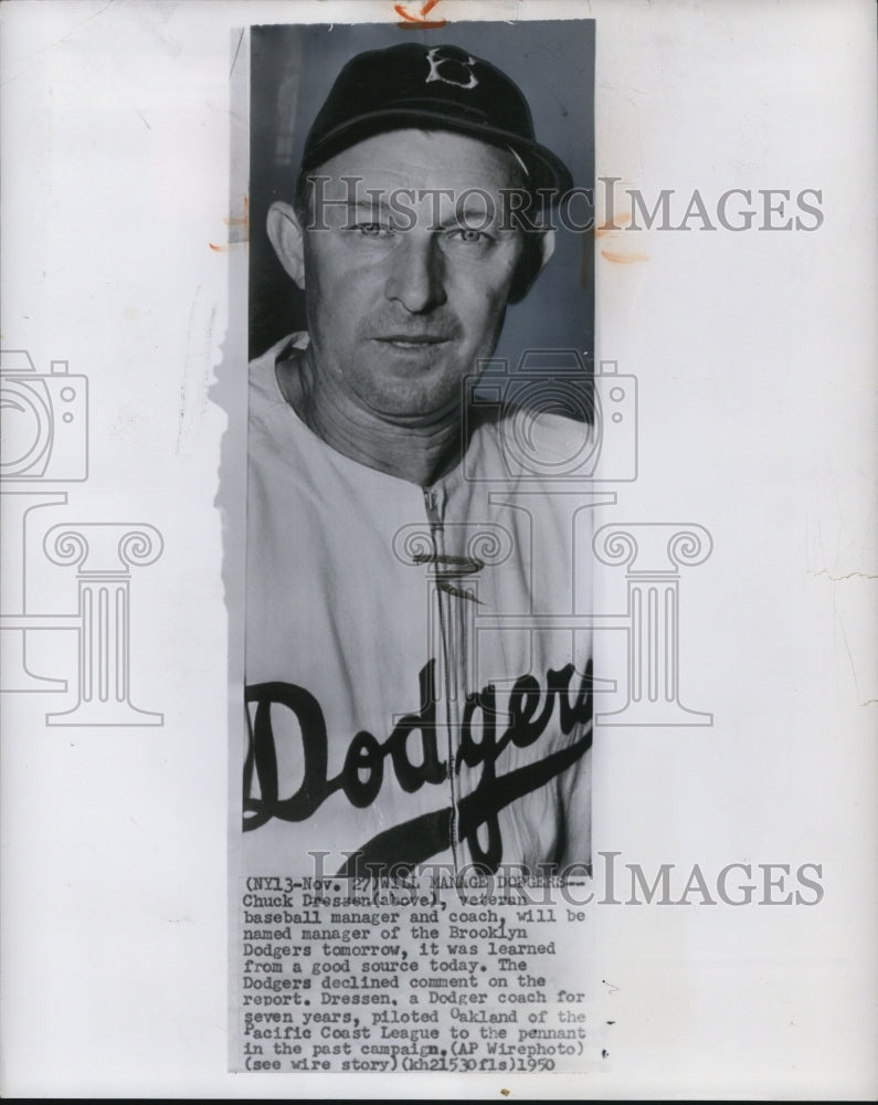 1950 Press Photo Chuck Dressen Baseball Manager and coach of Brooklyn Dodgers- Historic Images