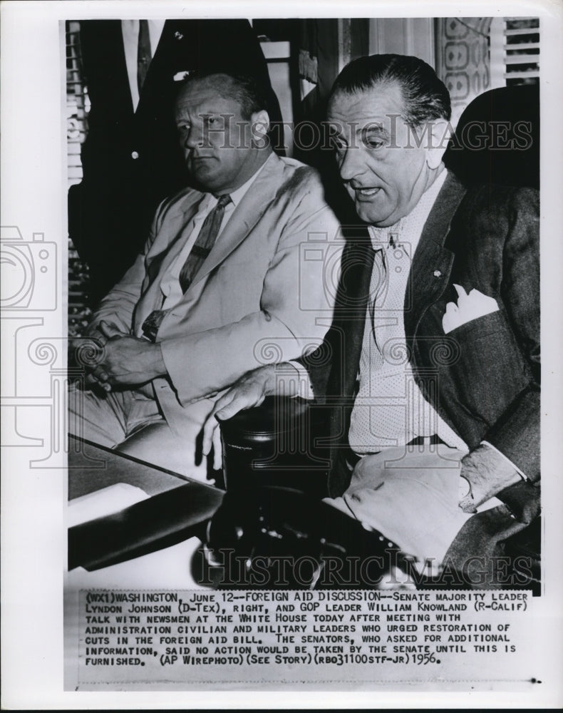 Load image into Gallery viewer, 1956 Press Photo Sen Johnson and GOP Leader William Knowland Talk With Newsmen
