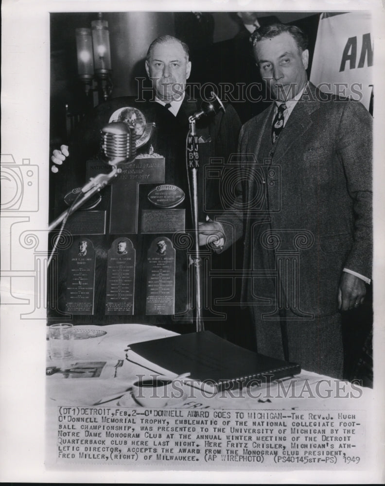 1949 Press Photo Reverend J. Hugh O'Donnell Trophy Awarded to Michigan- Historic Images