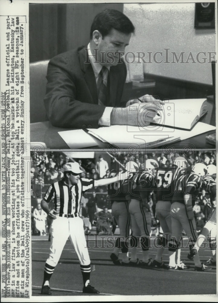 1969 Press Photo Tommy Bell Working in Law Office & As Football Referee