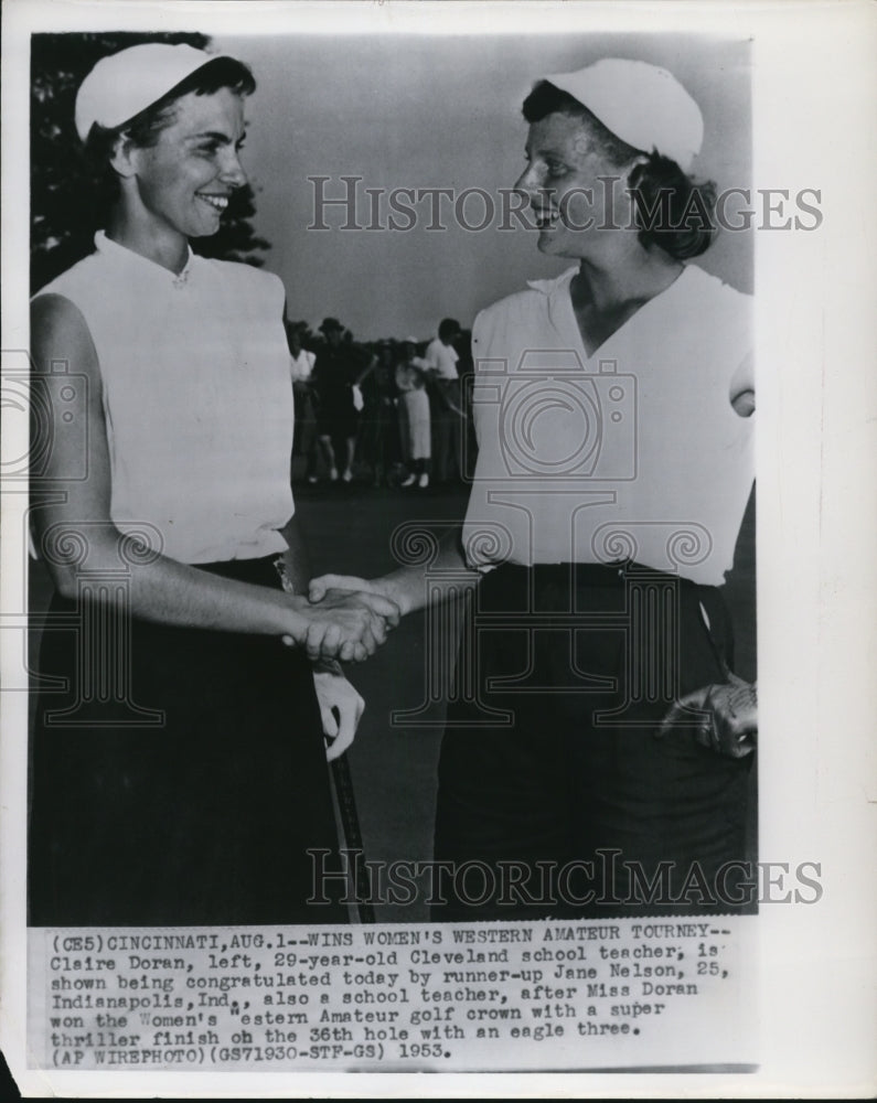 Load image into Gallery viewer, 1953 Press Photo Claire Doran &amp; Jane Nelson at Women's Western amateur Golf
