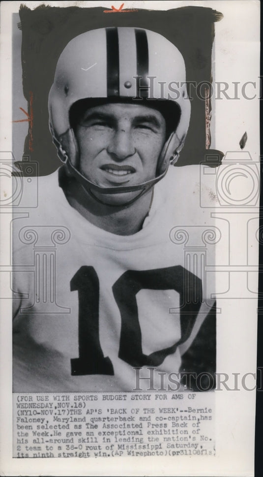 1954 Press Photo Quarterback Bernie Faloney of Maryland Named "Back of the Week"- Historic Images