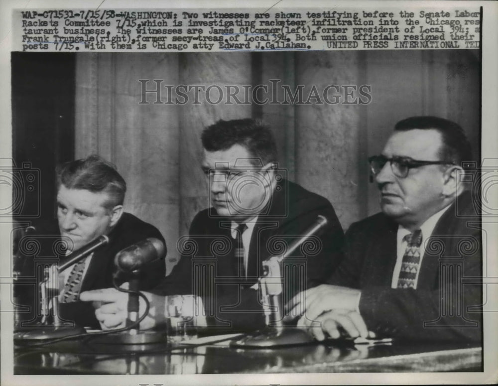 1958 Press Photo Two Witnesses Testifying Before Sen Labor Rackets Committee