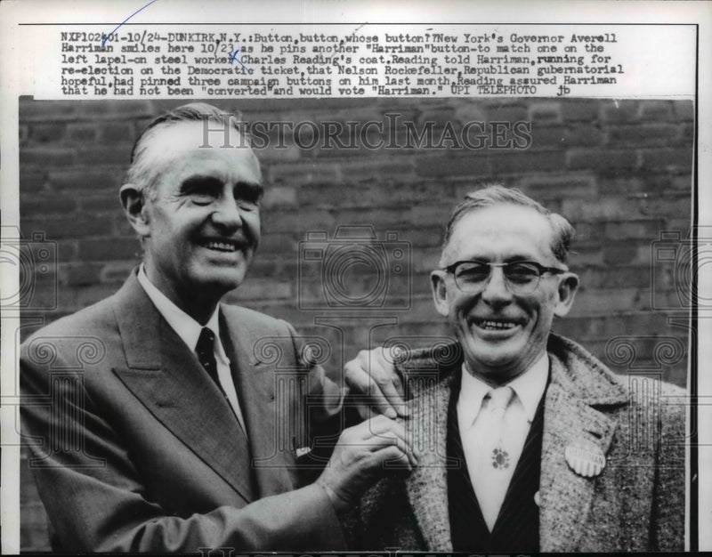 Load image into Gallery viewer, 1958 Press Photo W. Averell Harriman pinning button on Charles Reading, New York
