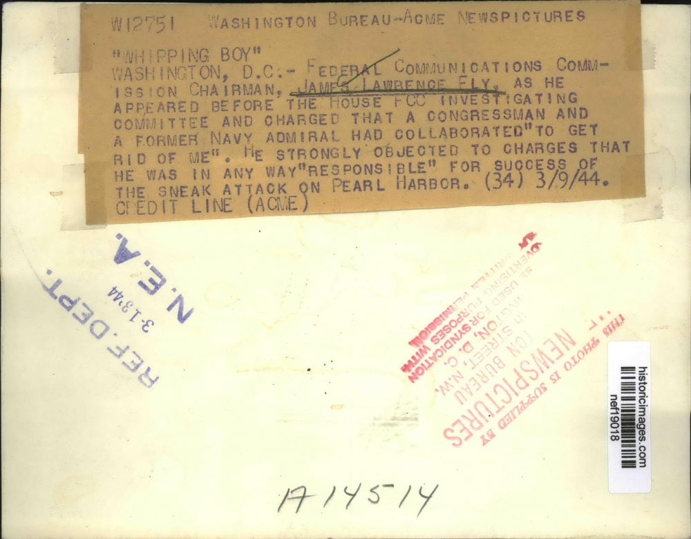 1944 Press Photo James Lawrence Fly at U.S. House FCC Investigation - nef19018