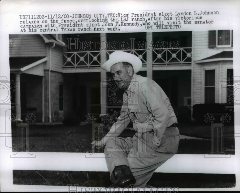1960 Press Photo Lyndon B. Johnson Sitting on Fence, LBJ Ranch - nef19057