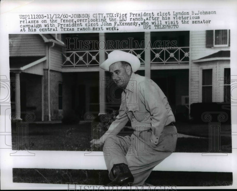 Load image into Gallery viewer, 1960 Press Photo Lyndon B. Johnson Sitting on Fence, LBJ Ranch - nef19057
