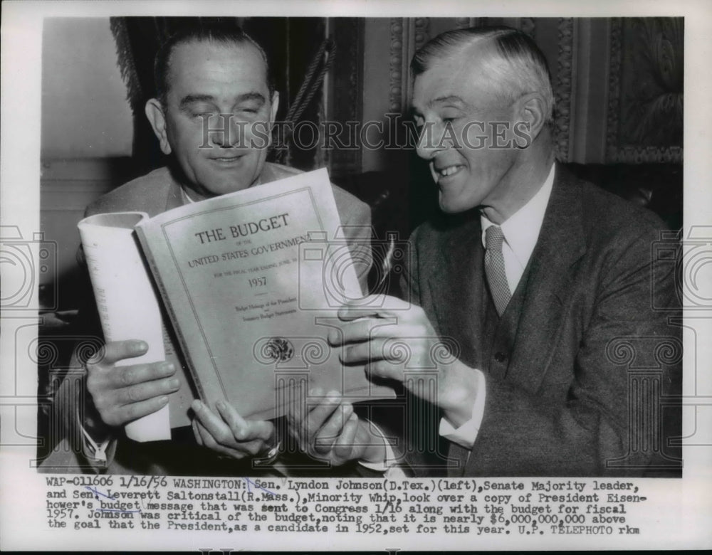 1956 Press Photo Lyndon B. Johnson, Leverett Saltonstall Reading U.S. Budget