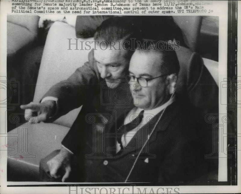 Load image into Gallery viewer, 1958 Press Photo Henry Cabot Lodge, Lyndon B. Johnson at United Nations
