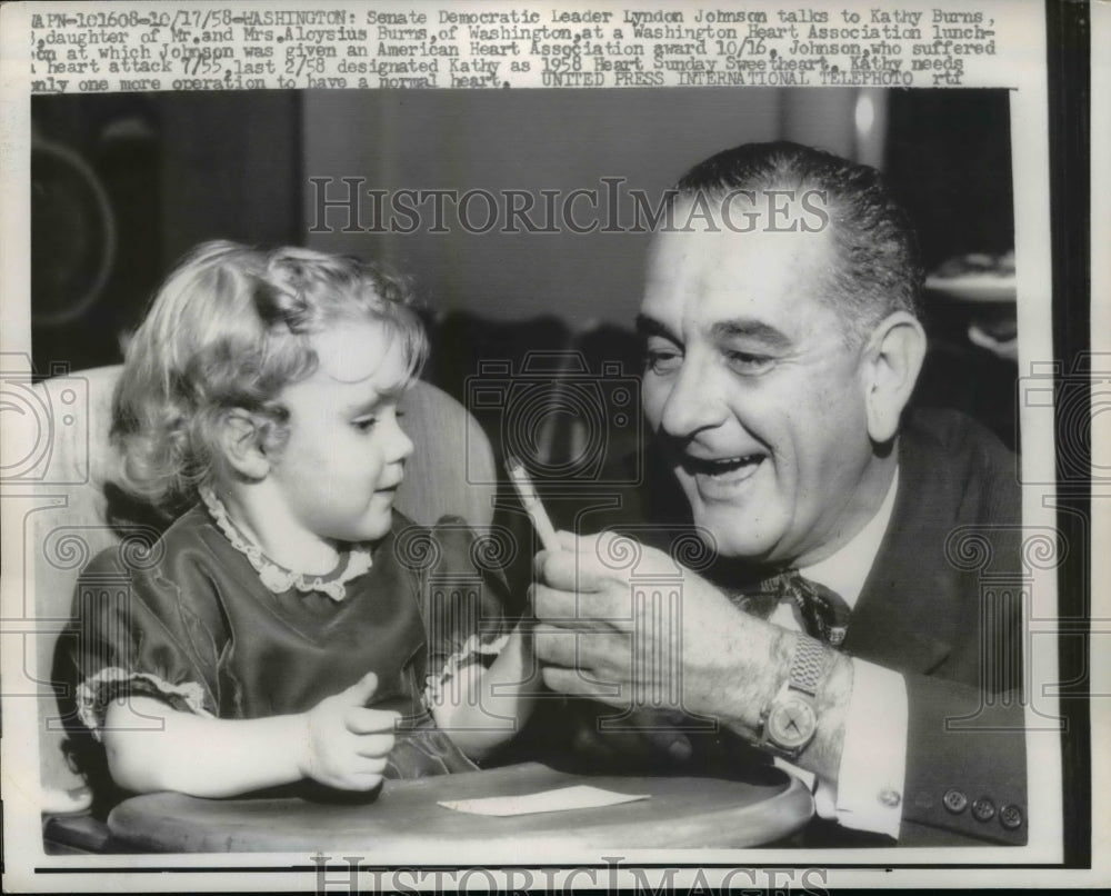 1958 Press Photo Lyndon B. Johnson, Toddler Kathy Burns @ Washington Luncheon- Historic Images