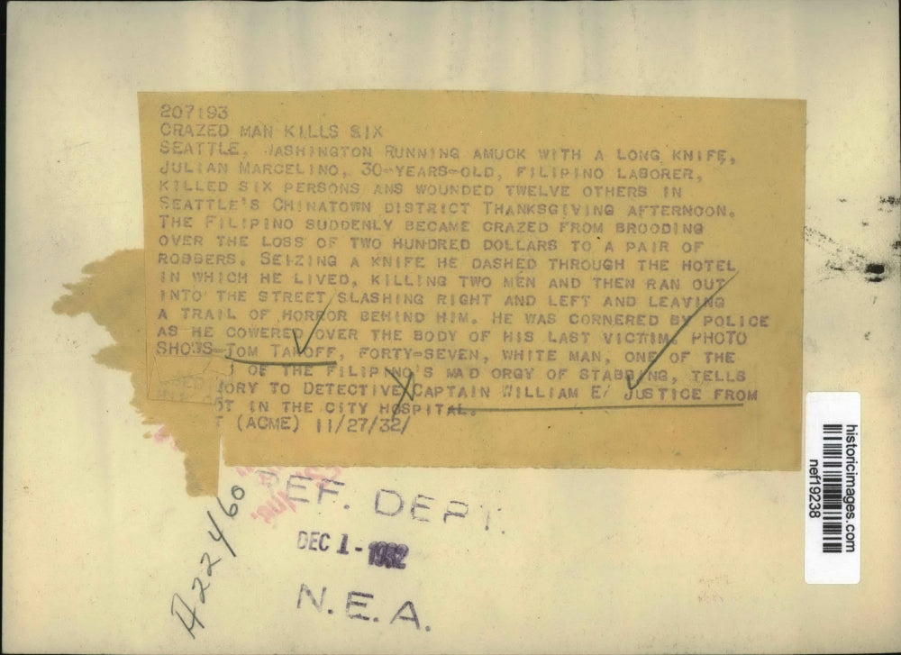 1932 Press Photo Tom Tahoff in Hospital after Julian Marcelino Killing Spree