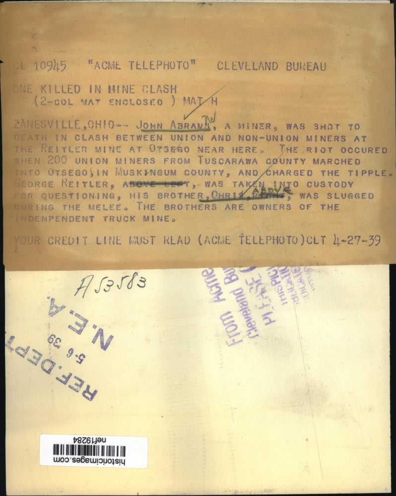 1939 Press Photo Miner Johns Abrams Murdered in Union Shootout, Zanesville, OH