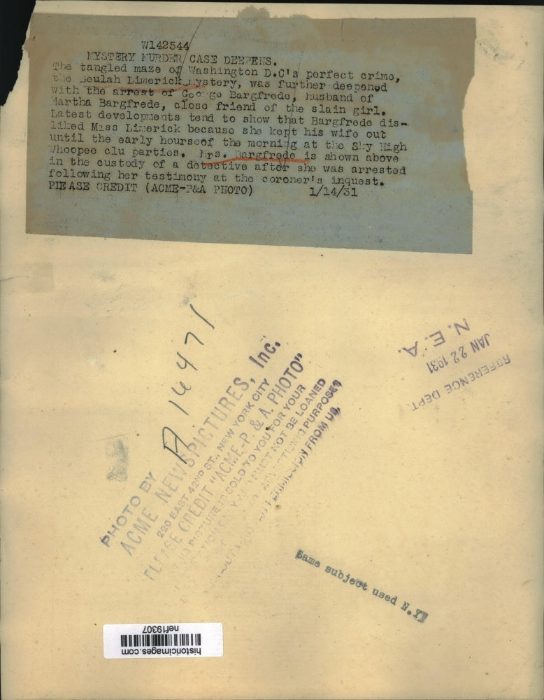 1931 Press Photo Mrs. George Bargfrede Arrested in DC Murder Case - nef19307