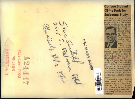 1962 Press Photo Steve Sindell Columbia Univ.student off to Paris to Study