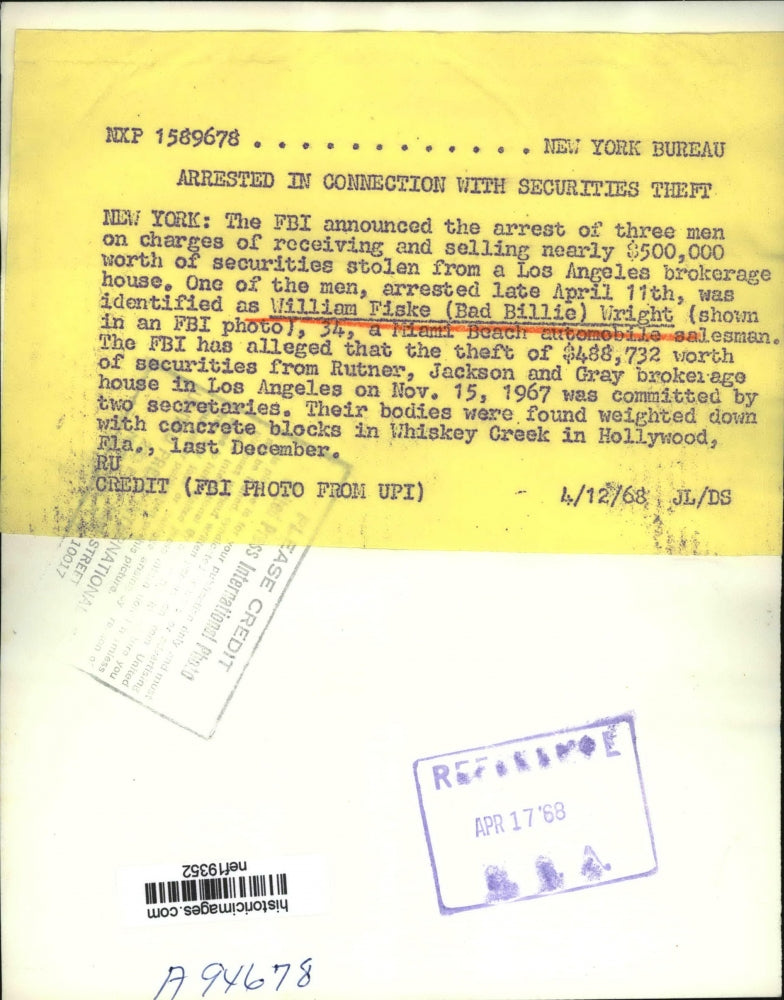 Load image into Gallery viewer, 1968 Press Photo Bad Billie Arrested In Connection of $500,000 Securities Theft
