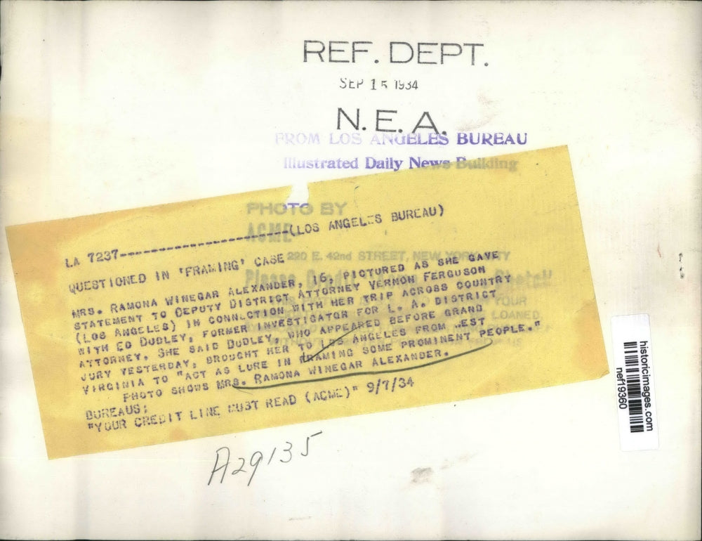 1934 Press Photo Mrs Ramona Alexander as She Gave Statement to Vernon Ferguson