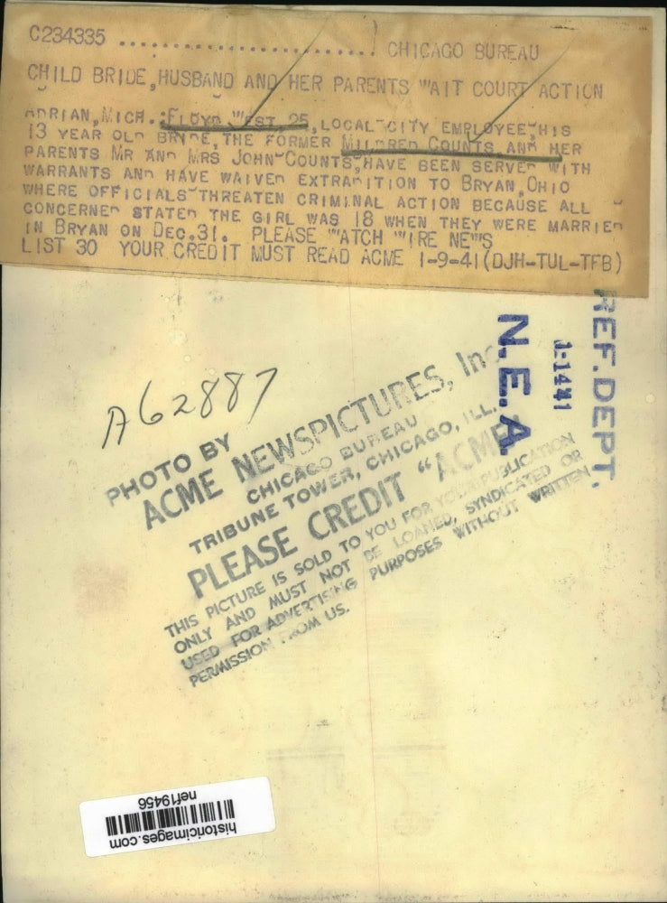 1941 Press Photo Floyd West 25, with his` bride Mildred Counts 13 year old