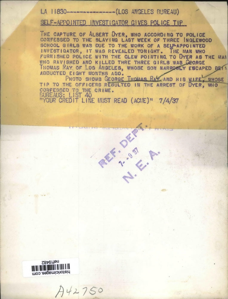 1937 Press Photo George Thomas Ray & Wife in Los Angeles - nef19482