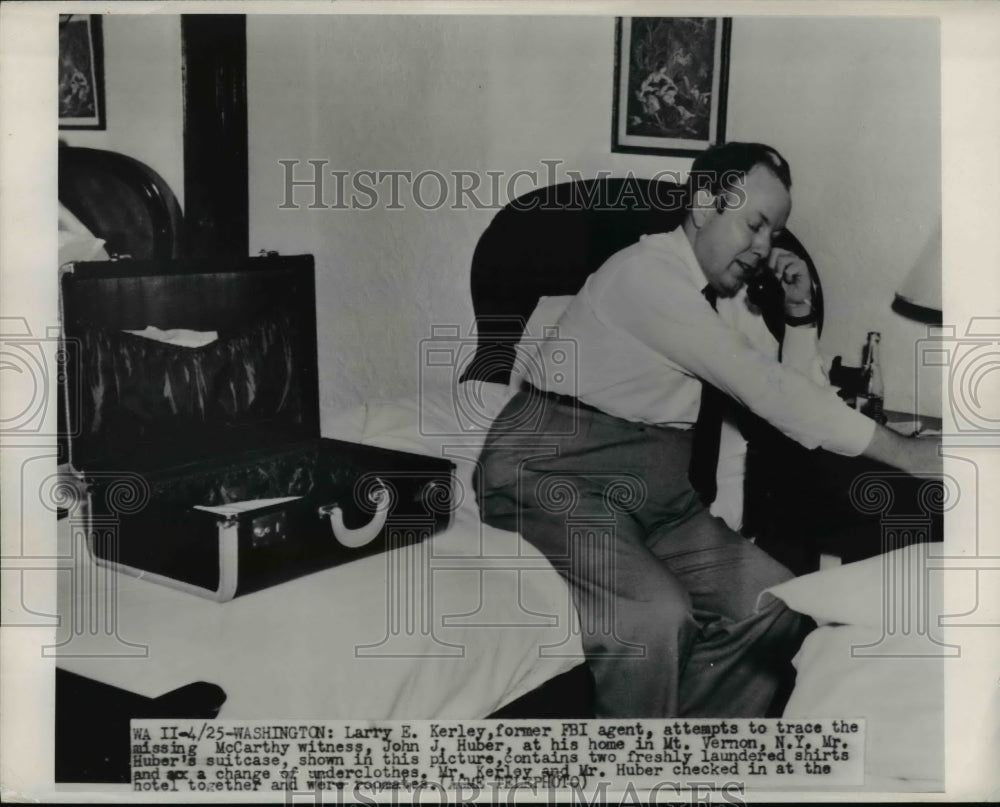 1950 Press Photo Larry E. Kerley Traces John Huber Missing McCarthy Witness
