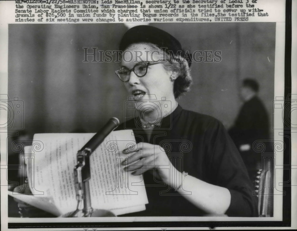 1958 Press Photo Lois MacMillan Testifies in Operating Engineers Union Trial