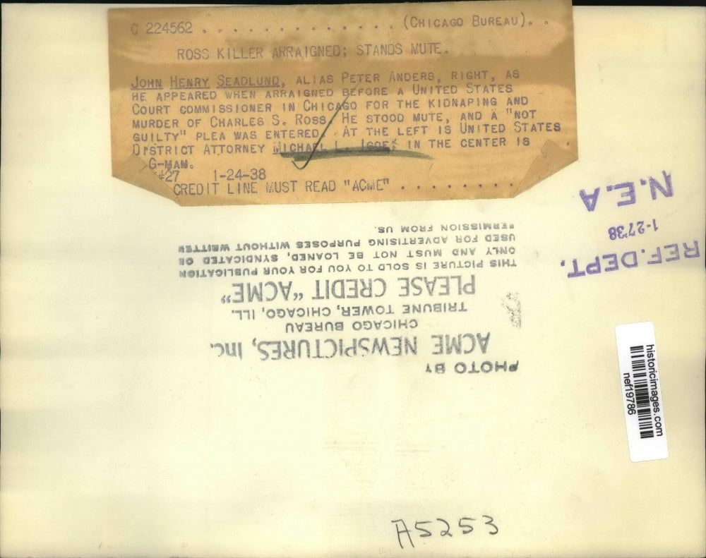 1938 Press Photo John Henry Seadlund before US Court Commissioner Murder Trial