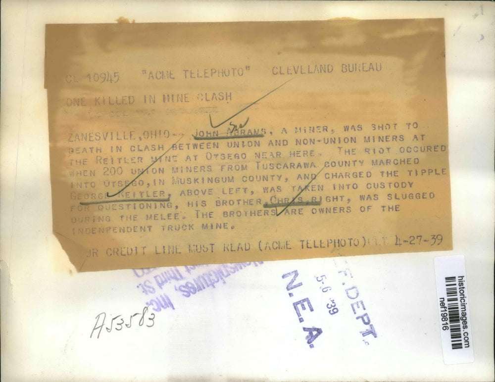 1939 Press Photo Miner John Nbrans Shot to Death In Clash Between Unions