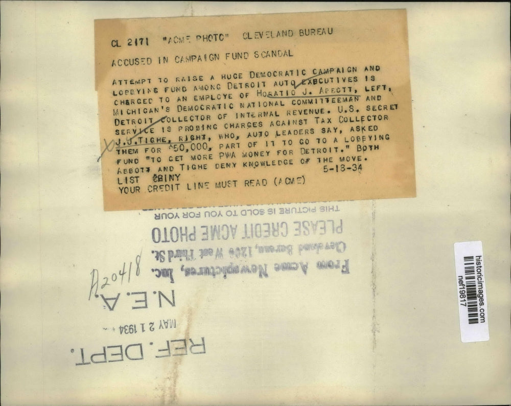 1934 Press Photo Horatio J. Apecott Accused In Campaign Fund Scandal - nef19817