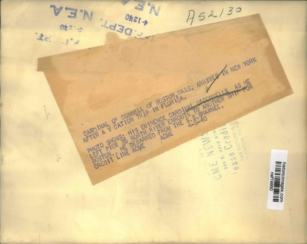 1940 Press Photo Cardinal O'Connell Arrives in NY After Vacation Trip in Florida