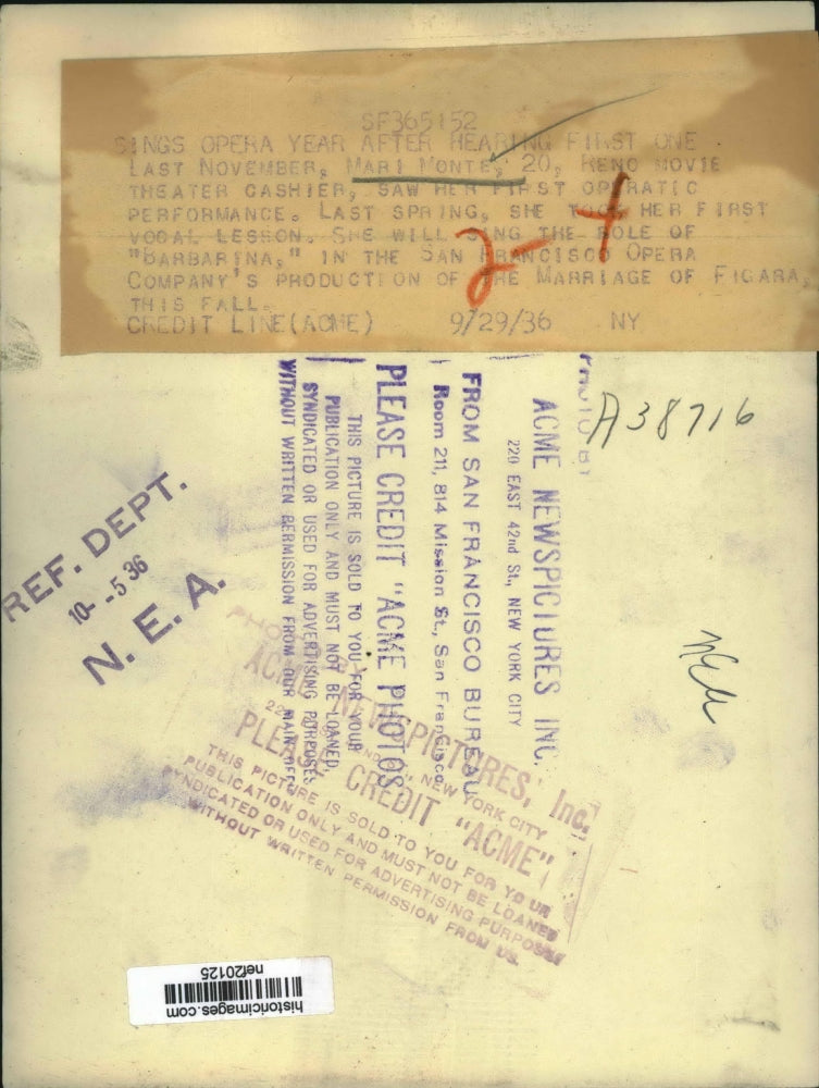 1936 Press Photo Opera Singer Mari Monte - nef20125