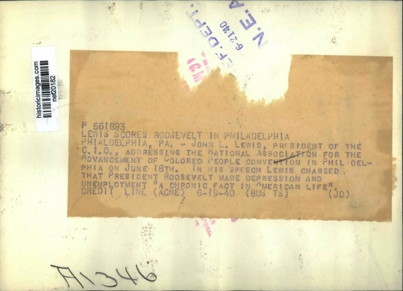 Load image into Gallery viewer, 1940 Press Photo John L. Lewis Scores Roosevelt in Philadelphia - nef20182
