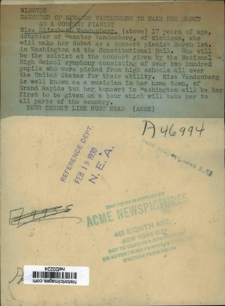 1930 Press Photo Daughter of Sen Vandenburg to Make Her Debut As Concert Pianist