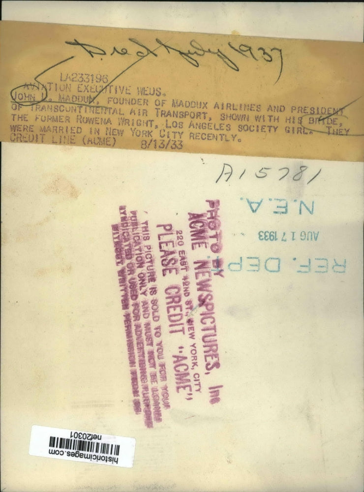 1933 Press Photo John L. Maddux and Bride Former Rowena Wright - nef20301