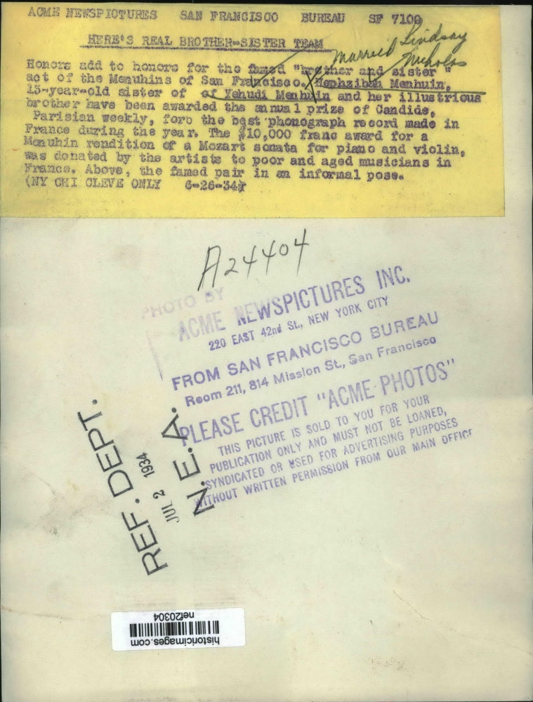 Load image into Gallery viewer, 1934 Press Hephzibah Menhuin Sister of Yehudi Menhuin Awarded Candide Prize
